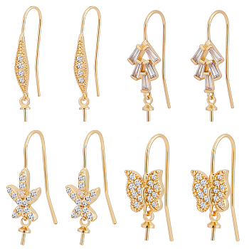 8Pcs 4 Style Brass Micro Pave Cubic Zirconia Earring Hooks, for Half Drilled Beads, Long-Lasting Plated, Oval & Flower & Tree & Butterfly, Real 18K Gold Plated, 24~25mm, 21 Gauge, Pin: 0.7mm, 2pcs/style