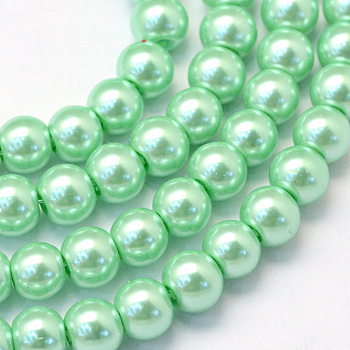 Baking Painted Pearlized Glass Pearl Round Bead Strands, Light Green, 8~9mm, Hole: 1mm, about 100~105pcs/strand, 31.4 inch