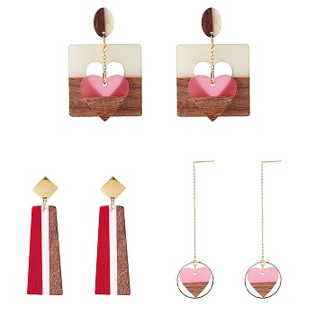 3 Pairs 3 Style Heart & Trapezoid & Square Resin & Walnut Wood Dangle Stud Earring, 304 Stainless Steel Long Drop Earrings Ear Thread for Women, Mixed Color, 55~110mm, Pin: 0.7~0.8mm, 1 Pairs/style