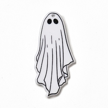 Halloween Printed  Acrylic Pendants, Ghost Charms, White, 46x21x2.5mm, Hole: 1.8mm