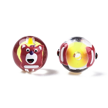Transparent Acrylic Enamel Beads, Bead in Bead, Round with Bear, Yellow, 14~15x13mm, Hole: 2mm