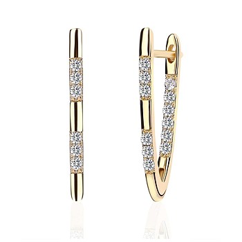 Brass Micro Pave Cubic Zirconia Hoop Earring, V-shaped, Clear, Golden, 30x3mm