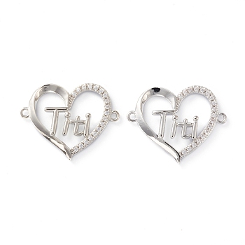 Brass Micro Pave Clear Cubic Zirconia Links, Long-Lasting Plated, Heart with Word Titi, Platinum, 19x23x3mm, Hole: 1.2mm