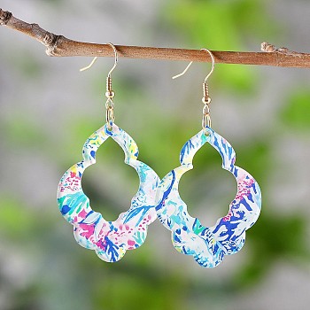 Acrylic Flower Dangle Earrings, Golden, Blue, 67x34mm