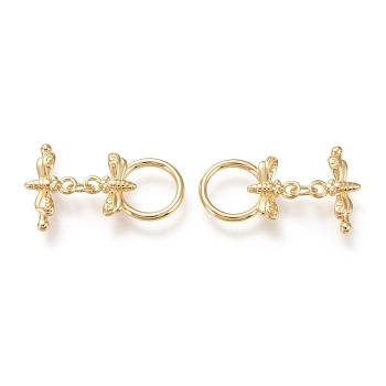Brass Toggle Clasps, Long-Lasting Plated, Dragonfly, Real 18K Gold Plated, Ring: 18x13x2.5mm, Hole: 1.8mm, Bar: 17.5x9.5x3mm, Hole: 1.8mm