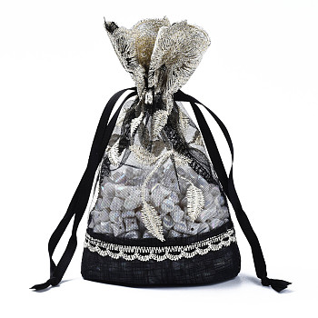 Polyester Lace & Slub Yarn Drawstring Gift Bags, for Jewelry & Baby Showers Packaging Wedding Favor Bag, Black, 18~19x12~13x0.3cm