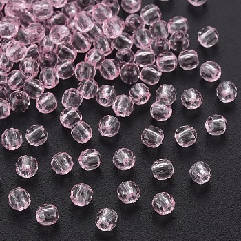 Transparent Acrylic Beads, Faceted, Round, Pink, 4x4mm, Hole: 1.5mm, about 16100pcs/500g
