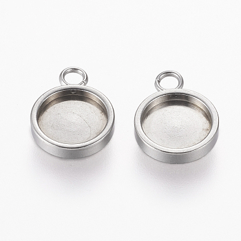 304 Stainless Steel Charm Cabochon Settings, Plain Edge Bezel Cups, Flat Round, Stainless Steel Color, Tray: 8mm, 13x10x2mm, Hole: 2mm