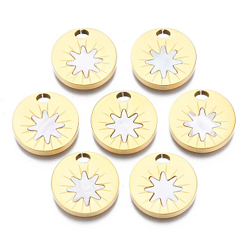 316 Surgical Stainless Steel Pendants, with Shell, Real 14K Gold Plated, Flat Round, Seashell Color, 18x3mm, Hole: 3.5x2.5mm