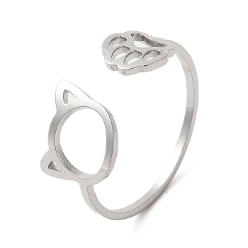 304 Stainless Steel Open Cuff Ring, Hollow Cat & Paw Print, Stainless Steel Color, US Size 10(19.8mm)