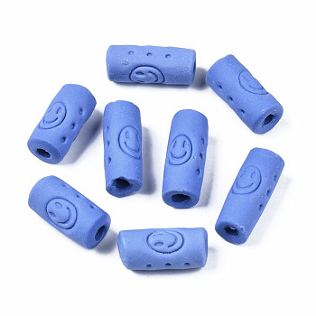 Handmade Porcelain European Beads, Large Hole Beads, Column with Smile, Royal Blue, 11~12.5x23~29mm, Hole: 4mm