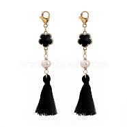 Cotton Thread Tassel Big Pendants, with Natural Pearl Beads, Alloy Glass Links and 304 Stainless Steel Lobster Claw Clasps, Flower, Black, 82mm(HJEW-JM00397-02)