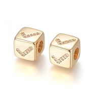 Brass Micro Pave Cubic Zirconia European Beads, Large Hole Beads, Long-Lasting Plated, Cube with Sign Pattern, Clear, Golden, 9x9x9.5mm, Hole: 4.5mm(ZIRC-G162-14G-10)