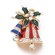 Golden Plated Alloy Brooches, with Rhinestone and Enamel, Christmas Bell, for Christmas, Colorful, 42.5x29.5x9.5mm, Pin: 0.8mm(JEWB-L011-023G)