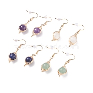 Natural Stone Braided Dangle Earring, Brass Oval Drop Earrings for Women, Golden, 46mm, Pin: 0.6mm(EJEW-JE04845)