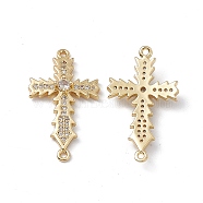 Rack Plating Brass Micro Pave Clear Cubic Zirconia Connector Charms, Lead Free & Cadmium Free, Religion Cross Links, Real 18K Gold Plated, 30x17x4.4mm, Hole: 1.2mm(KK-A175-05G)