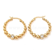 304 Stainless Steel Round Beaded Hoop Earrings with Cubic Zirconia for Women, Real 18K Gold Plated, 29x28.5x5.5mm(STAS-D085-40G)