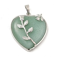 Heart Natural Green Aventurine Pendants, with Platinum Plated Brass Pendant Settings, 36x31~33mm, Hole: 6mm(GP356-2)