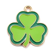 Saint Patrick's Day Alloy Enamel Pendants, Light Gold, Clover Charm, Green Yellow, 22x20.5x1.5mm, Hole: 2mm(ENAM-G222-01E-02)
