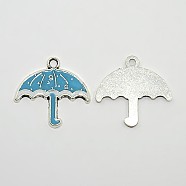 Umbrella Antique Silver Tone Alloy Enamel Pendants, Deep Sky Blue, 26x27x1.5mm, Hole: 2mm(ENAM-N038-04B)