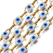 Ion Plating(IP) 304 Stainless Steel Textured Oval Cable Chains, with Enamel Evil Eye Beads, with Spool, Unwelded, Real 18K Gold Plated, Nickel Free, White, 11x5.5x3mm, 7.5x3x1mm, about 32.81 Feet(10m)/Roll(CHS-T003-33G-01)
