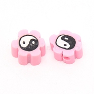 Handmade Polymer Clay Bead, Flower with Tai Ji, Pink, 9x4.5mm, Hole: 1.8mm, about 95~100pcs/bag(CLAY-CJC0009-02)