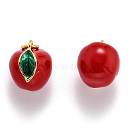 Brass Enamel Charms, with Jump Ring, Long-Lasting Plated, Real 18K Gold Plated, Apple, Red, 12x11x9.6mm, Hole: 2.8mm(KK-O140-03G)