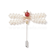 Shell Pearl & Carnelian Braided Dragonfly Lapel Pin, Copper Wire Wrapped Safety Brooch Pin for Suit Tuxedo Corsage Accessories, Red, 63x62x8mm(JEWB-TA00007)