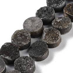 Electroplated Natural Druzy Agate Beads Strands, Dyed, Flat Round, Black Plated, 10x10x4~7mm, Hole: 1mm, about 20pcs/strand, 7.99''(20.3cm)(G-M433-01G)