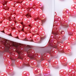 Eco-Friendly Poly Styrene Acrylic Beads, AB Color Plated, Round, Fuchsia, 8mm, Hole: 1mm(X-PL425-7)