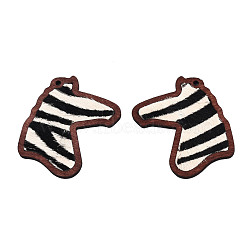 Eco-Friendly Cowhide Leather Big Pendants, with Dyed Wood, Horse Head with Zebra Pattern, Black, 53.5x42x3mm, Hole: 2mm(FIND-N049-20C)