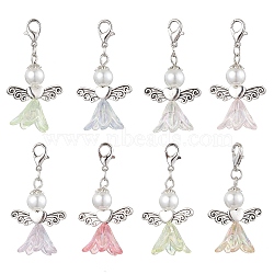8Pcs 8 Colors Wedding Season Angel Glass Pearl & Acrylic Pendant Decorations, Zinc Alloy Lobster Claw Clasps Charms for Bag Key Chain Ornaments, Mixed Color, 45mm, Pendant: 31x23.5x16mm, 1pc/color(HJEW-JM01924-01)