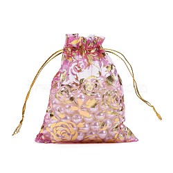 Rose Printed Organza Bags, Gift Bags, Rectangle, Orchid, 12x10cm(OP-R021-10x12-07)