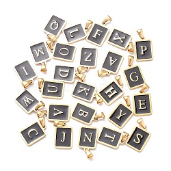 304 Stainless Steel Pendants, with Enamel, Real 18K Gold Plated, Rectangle with Letter Charm, Black, 17.5x12x1.5mm, Hole: 5x3mm, about 26pcs/set(STAS-R119-08G)