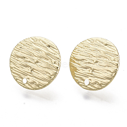 Iron Stud Earring Findings, with Loop and Steel Pin, Flat Round, Textured , Light Gold, 14mm, Hole: 1.2mm, Pin: 0.7mm(X-IFIN-N005-02)