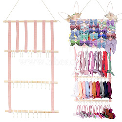 Wood Hair Clips Headband Wall-mounted Organizer Rack, Wall Hanging Storage Hair Bows Holder, with Pink Soft Ribbons and 30Pcs Plastic White Hooks, for Girls Room, Home Decoration, Wheat, 30.6~678x15~24x1.7~14mm(AJEW-WH0041-15)