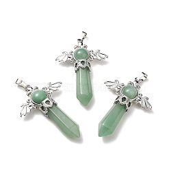 Natural Green Aventurine Pendants, Angel Charms, with Rack Plating Platinum Tone Brass Findings, Cadmium Free & Lead Free, 52~53x37x11mm, Hole: 8x5mm(G-B033-01P-12)