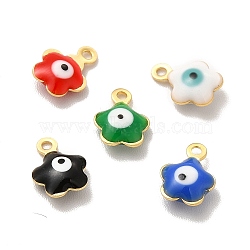 304 Stainless Steel Enamel Charms, Flower with Evil Eye Charm, Golden, Mixed Color, 8.5x6.5x2.5mm, Hole: 1mm(STAS-G302-01G)