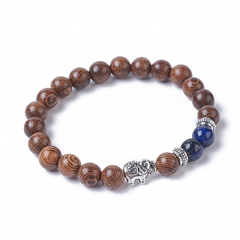 Dyed Wood Round Beads Stretch Bracelets, with Natural Lapis Lazuli(Dyed) Beads, Tibetan Style Antique Silver Plated Alloy Elephant Beads & Spacer Beads, 2 inch(5.1cm)