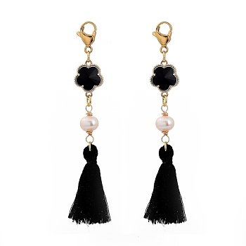 Cotton Thread Tassel Big Pendants, with Natural Pearl Beads, Alloy Glass Links and 304 Stainless Steel Lobster Claw Clasps, Flower, Black, 82mm
