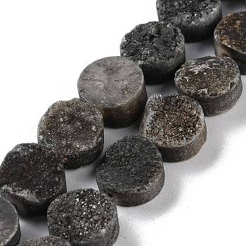 Electroplated Natural Druzy Agate Beads Strands, Dyed, Flat Round, Black Plated, 10x10x4~7mm, Hole: 1mm, about 20pcs/strand, 7.99''(20.3cm)