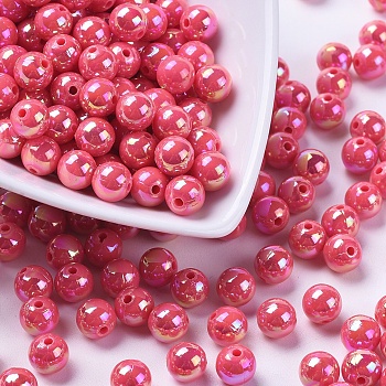 Eco-Friendly Poly Styrene Acrylic Beads, AB Color Plated, Round, Fuchsia, 8mm, Hole: 1mm