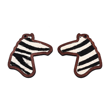 Eco-Friendly Cowhide Leather Big Pendants, with Dyed Wood, Horse Head with Zebra Pattern, Black, 53.5x42x3mm, Hole: 2mm