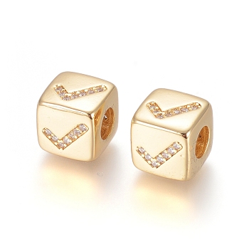 Brass Micro Pave Cubic Zirconia European Beads, Large Hole Beads, Long-Lasting Plated, Cube with Sign Pattern, Clear, Golden, 9x9x9.5mm, Hole: 4.5mm