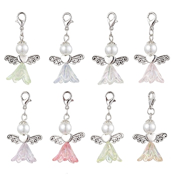 8Pcs 8 Colors Wedding Season Angel Glass Pearl & Acrylic Pendant Decorations, Zinc Alloy Lobster Claw Clasps Charms for Bag Key Chain Ornaments, Mixed Color, 45mm, Pendant: 31x23.5x16mm, 1pc/color
