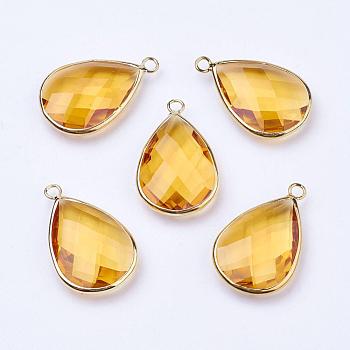 Golden Tone Brass Glass Teardrop Pendants, Faceted, Yellow, 18x10x5mm, Hole: 2mm