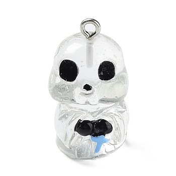 Resin Pendants, Halloween Ghost Charms with Platinum Tone Iron Loops, Clear, 28x15x16mm, Hole: 2mm