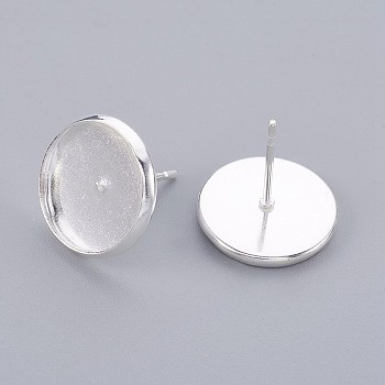 304 Stainless Steel Stud Earring Findings, Flat Round, Silver Color Plated, Tray: 12mm, 14x2mm, Pin: 0.8mm