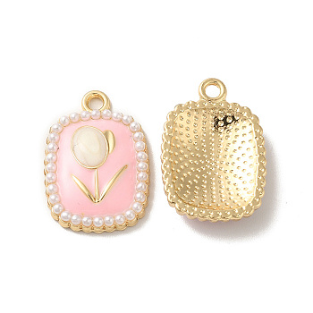 Rack Plating Alloy Enamel Pendants, with ABS Plastic Imitation Pearl, Nickel Free, Rectangle with Flower, Pink, 22x15x4mm, Hole: 2mm
