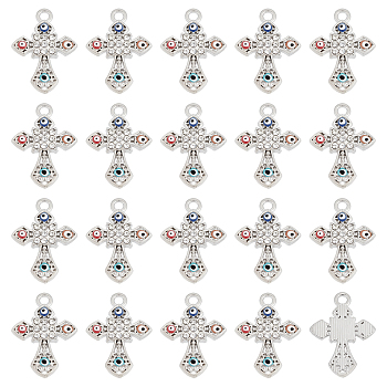 40Pcs Alloy Pendants, with Crystal Rhinestone and Colorful Enamel, Cross with Evil Eye, Platinum, 21x15x2mm, Hole: 1.8mm